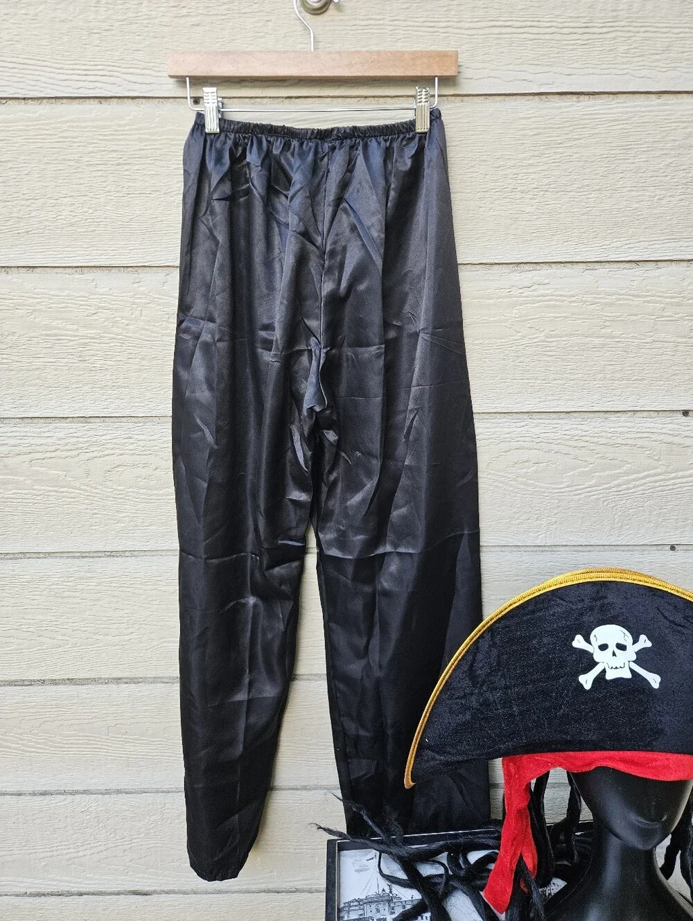 Hauntlook Pirate Hat with dreadlocks and black satin pants large